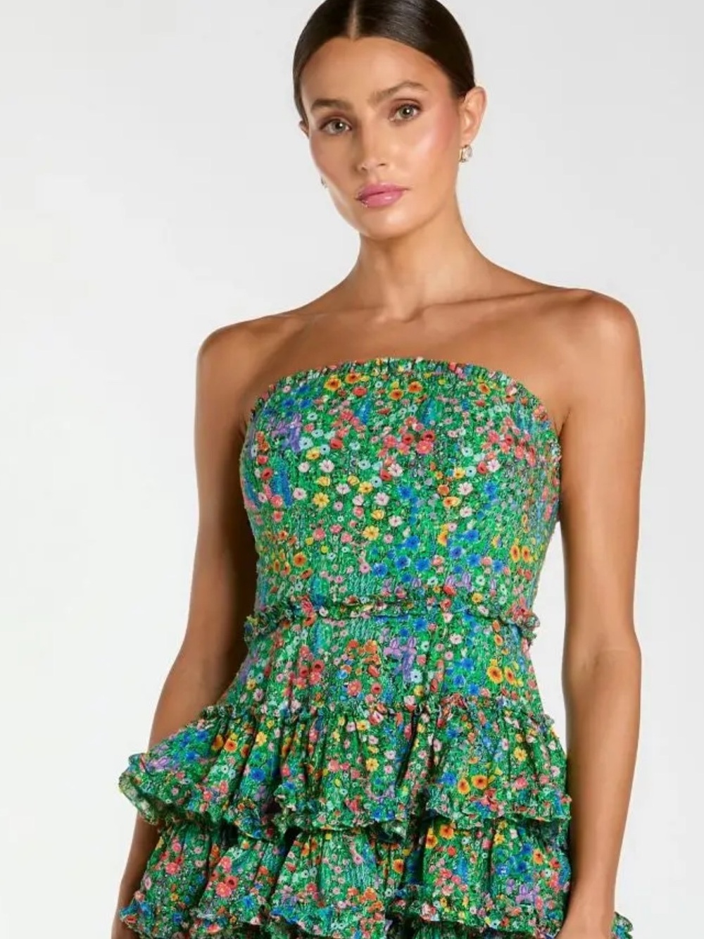 Mac Duggal Green Floral Strapless Tiered Ruffle Maxi Dress - Picture 2 of 7